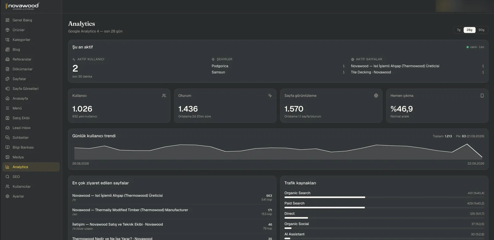 Panel içinde Google Analytics 4: anlık ziyaretçi, trafik kaynakları, en çok ziyaret edilen sayfalar